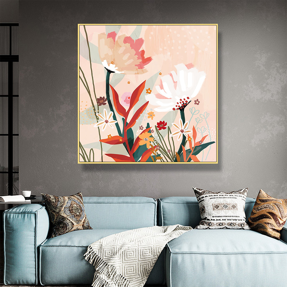 NATIVE FLORAL GOLD FRAMED CANVAS WALL ART