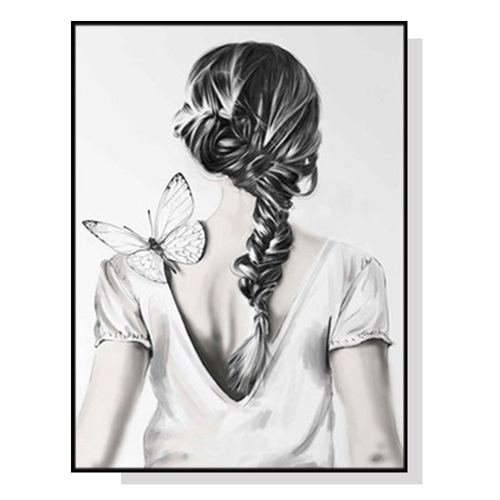 WOMAN WITH BUTTERFLY BLACK FRAMED CANVAS WALL ART
