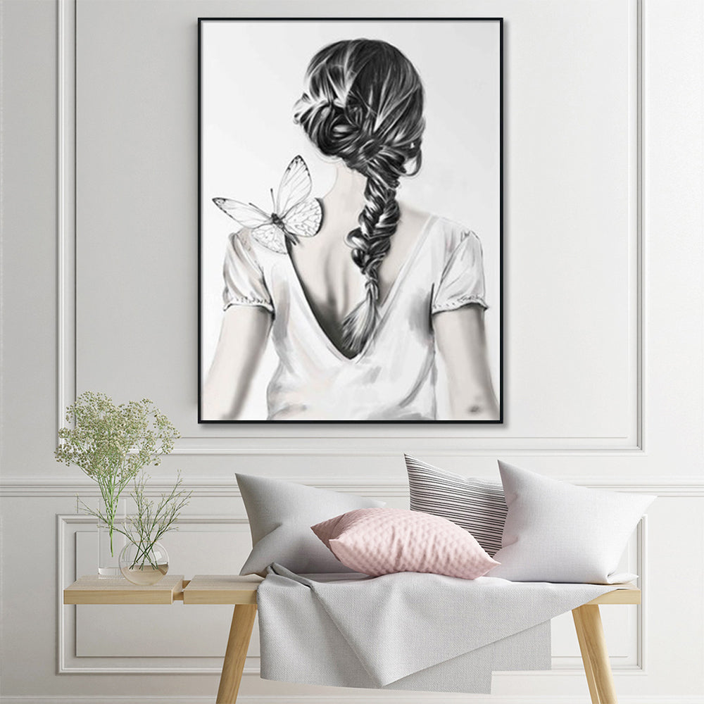 WOMAN WITH BUTTERFLY BLACK FRAMED CANVAS WALL ART