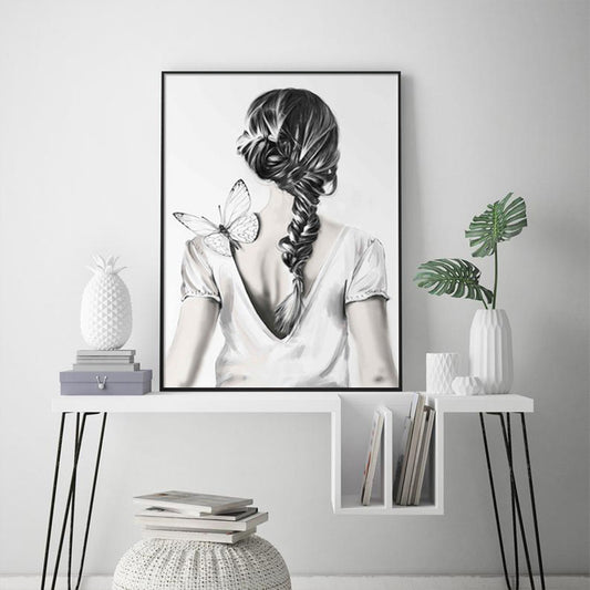 WOMAN WITH BUTTERFLY BLACK FRAMED CANVAS WALL ART