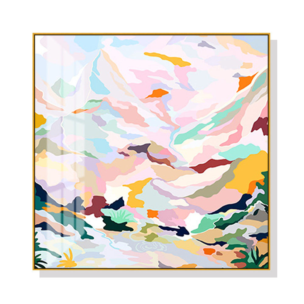 ABSTRACT PINK MOUNTAIN GOLD FRAMED CANVAS