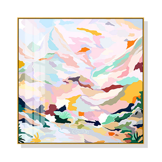 ABSTRACT PINK MOUNTAIN GOLD FRAMED CANVAS
