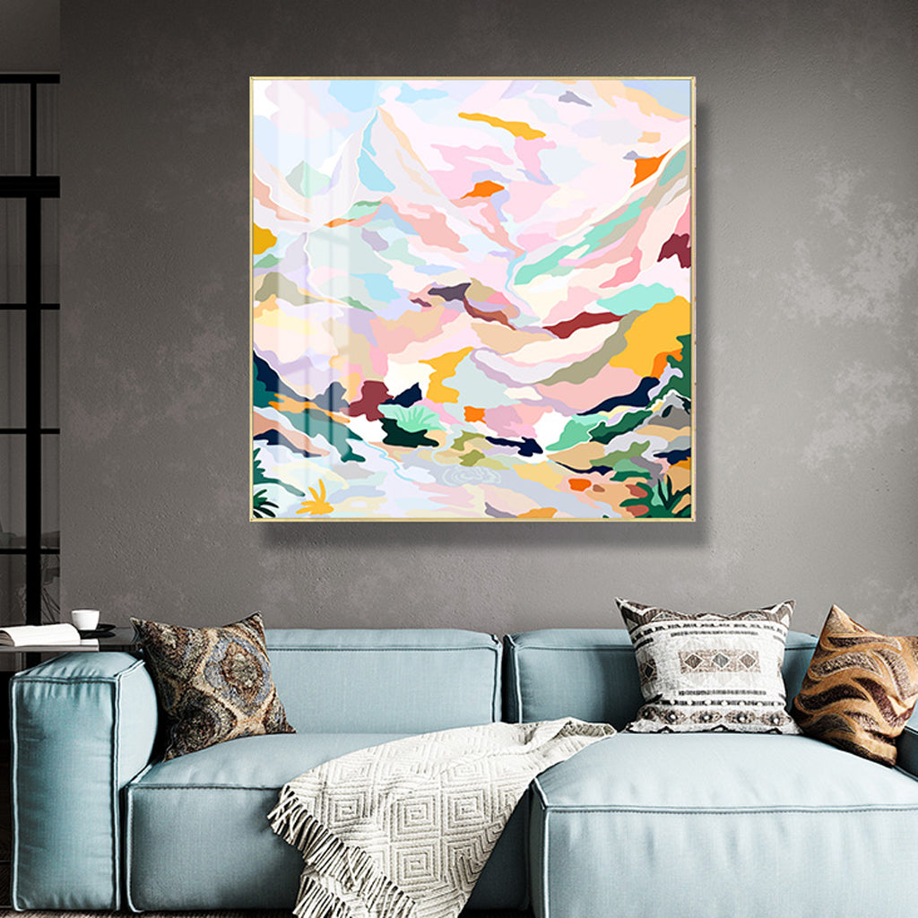 ABSTRACT PINK MOUNTAIN GOLD FRAMED CANVAS