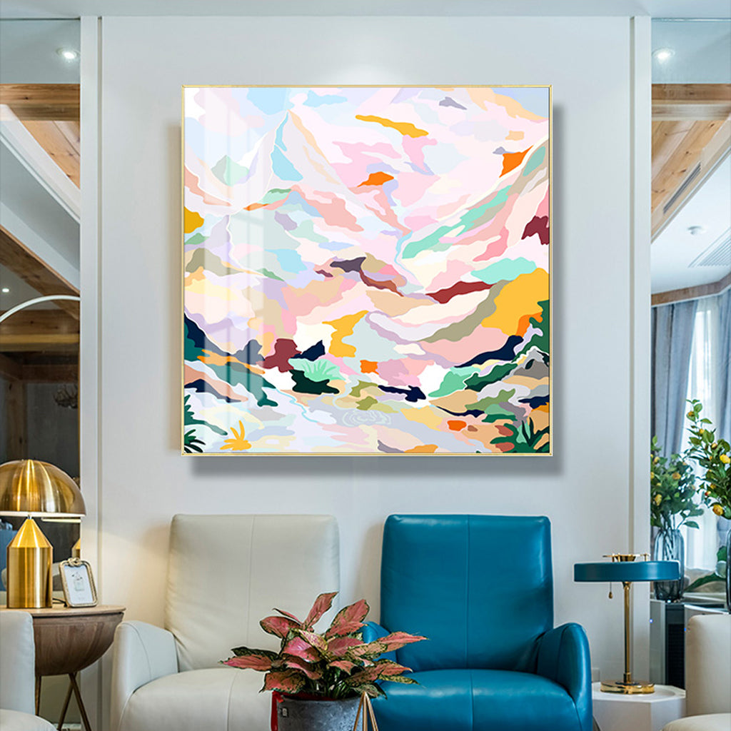 ABSTRACT PINK MOUNTAIN GOLD FRAMED CANVAS