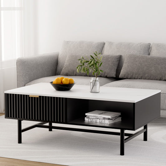 MARBLE STYLE TOP BLACK STORAGE COFFEE TABLE