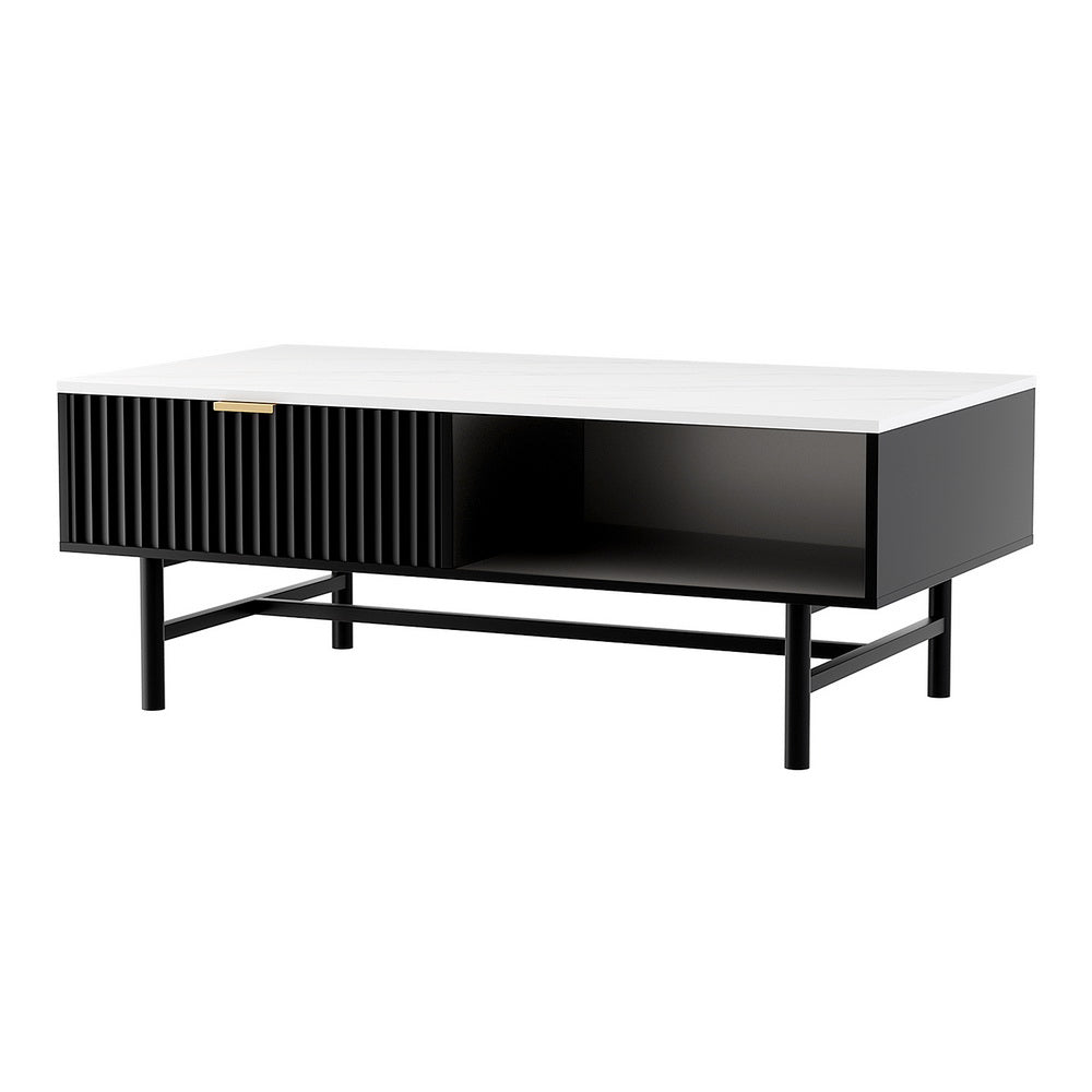 MARBLE STYLE TOP BLACK STORAGE COFFEE TABLE