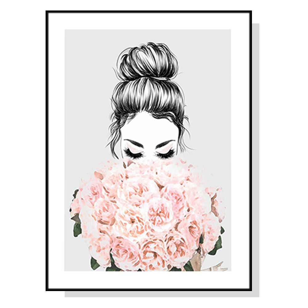 ROSES GIRL BLACK FRAMED CANVAS WALL ART