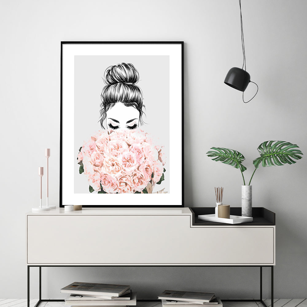 ROSES GIRL BLACK FRAMED CANVAS WALL ART
