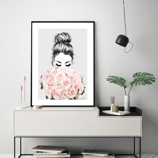 ROSES GIRL BLACK FRAMED CANVAS WALL ART