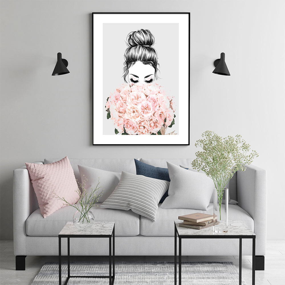 ROSES GIRL BLACK FRAMED CANVAS WALL ART