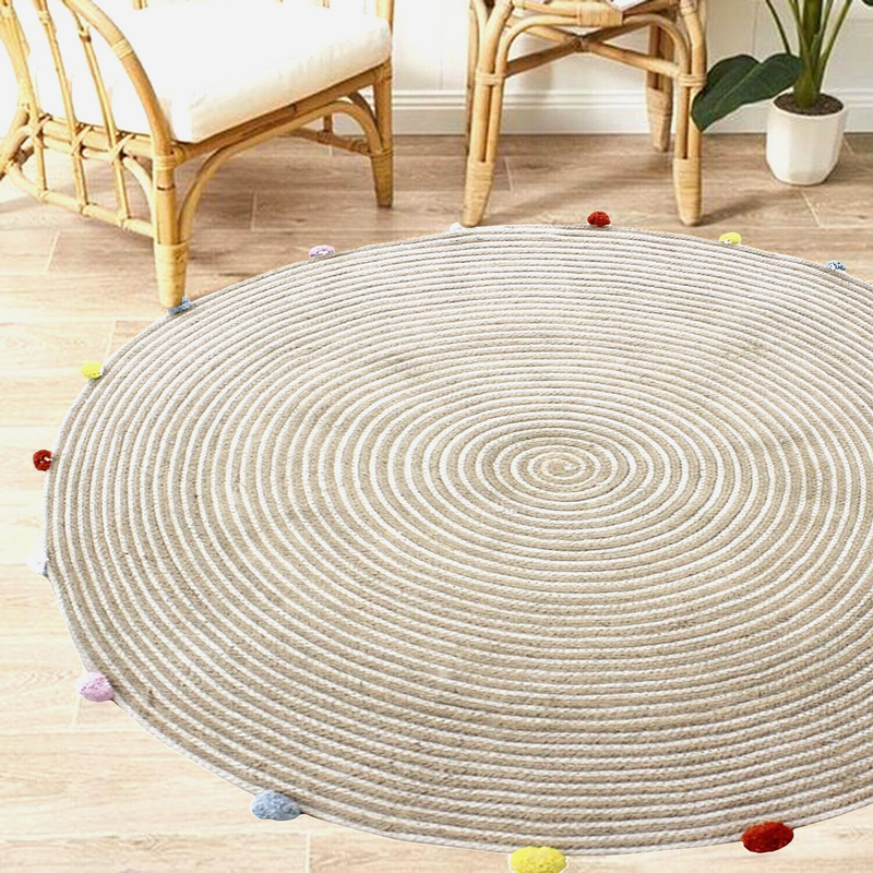ROUND WOVEN JUTE COTTON 120CM POMPOM RUG