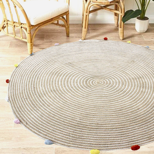 ROUND WOVEN JUTE COTTON 120CM POMPOM RUG