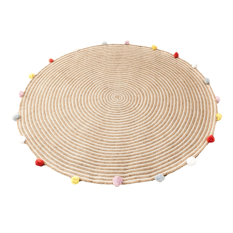 ROUND WOVEN JUTE COTTON 120CM POMPOM RUG
